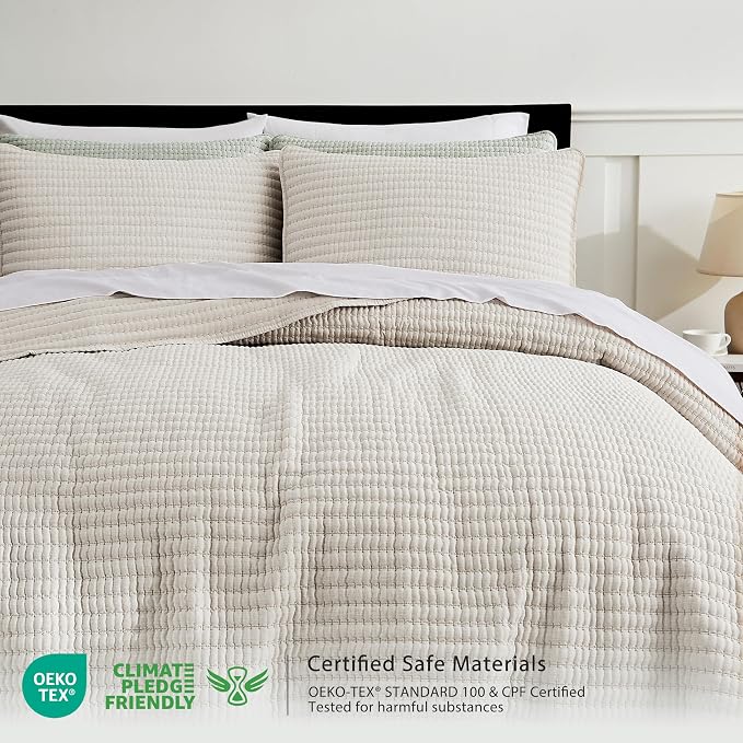 WDCOZY Beige Pick Stitch Twin Size Quilt Set, Striped Lightweight Soft Summer Spring Bedspread, Bamboo Linen Like Textured Coverlet, Chambray Farmhouse Country Rustic Bedding, Netural Thin Comforter