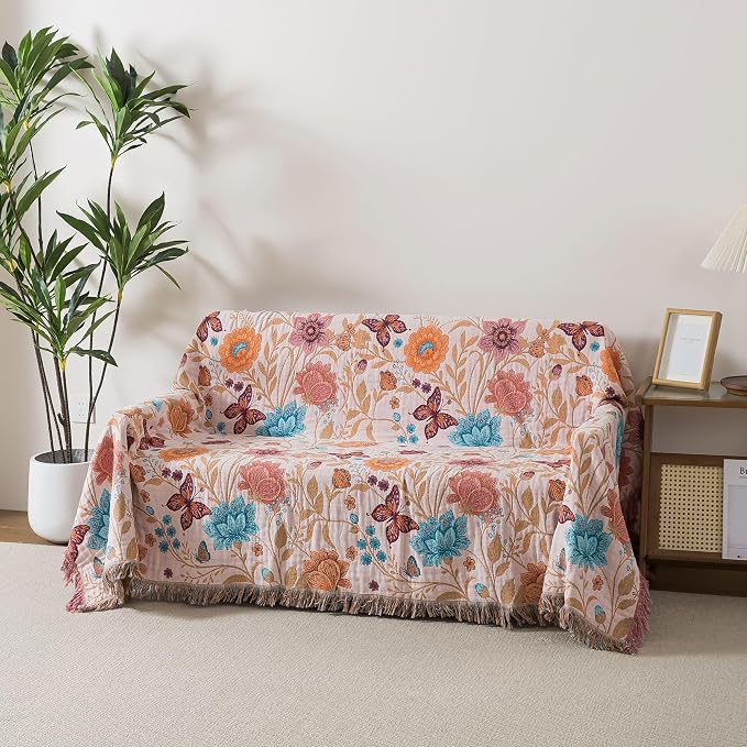 Phuryllic Boho Throw Blanket Full Size, Soft Cozy Cotton Muslin Quilt Blanket for Bed Decor, Floral Patterned Couch Sofa Chair Cover, Vintage Farmhouse Cottage Tapestry Woven Blanket, Coral&Green
