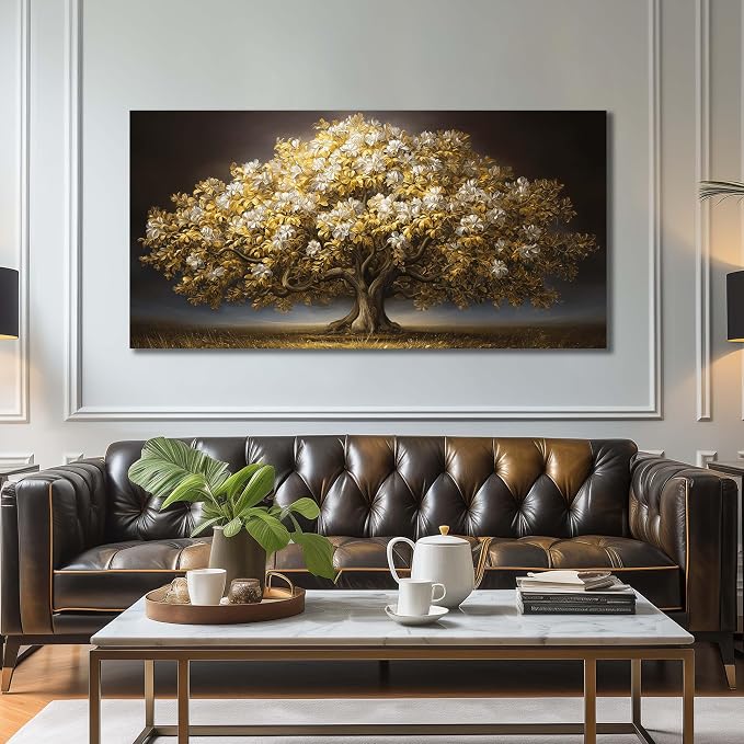 DNIEOTU Large Tree Wall Art for Living Room, White Flower and Gold Leaves Canvas Wall-Decor for Bedroom, Landscape Picture Prints for Hallway Office, Size 59 x 29 Inches