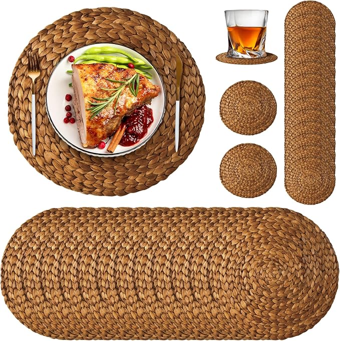 Geosar 200 Pcs Woven Disposable Paper Placemats Set 12x14 Inch | With Coasters for Drinks, Paper Rattan Placemats Boho Farmhouse Rustic Table Decor for Wedding Bridal Shower Birthday
