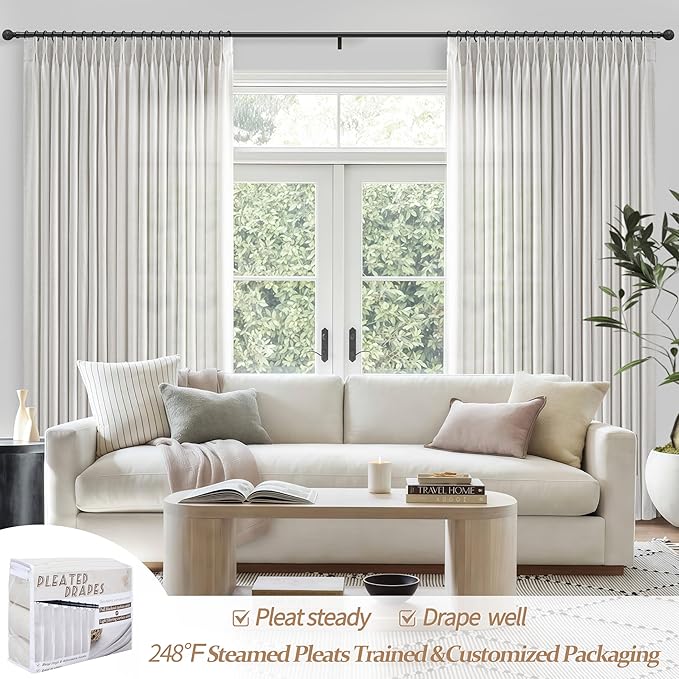 Pinch Pleated Extra Wide 70 x 96 Inch Curtains 2 Panel Set for Bedroom, Modern Beige White Linen Blend Light Filtering Window Drapes Privacy Semi Sheer Memory Shape Trained Viral Curtain 8ft Long