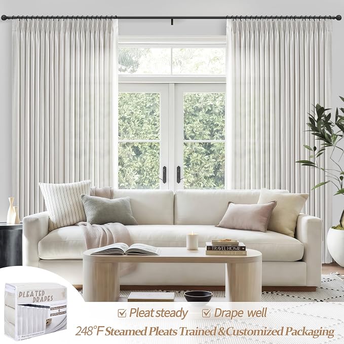 Off White Light Filtering 60 Inch Wide Bedroom Curtains 120 Inches Extra Long, Memory Trained Pinch Pleated Flax Linen Semi Sheer Windows Drapes Privacy Decorative Curtain 10 FT Length 2 Panels Set