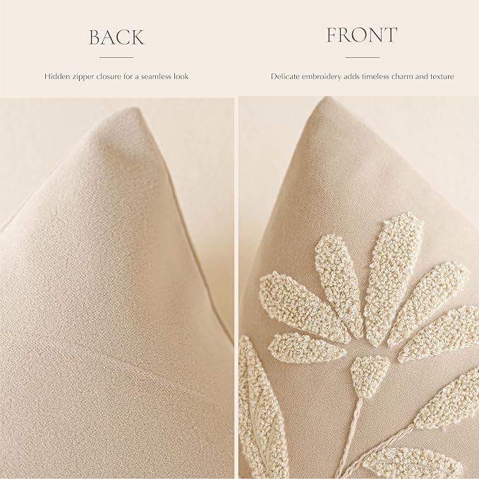 BlissBlush Decorative Lumbar Pillow Cover 12x20, Beige Neutral Accent Velvet Throw Pillowcase for Couch Sofa Living Room, Floral Tufted Rectangular Cushion, Cover Only