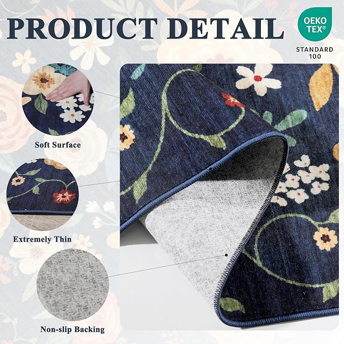 DUKINO 2x3 Entryway Rug, Door Mat Soft Washable Rug Non Slip, Navy Blue | Low Pile, Non-Shedding, Floral Small Rug for Kitchen, Entrance, Bedroom, Bathroom, Pet Friendly, Stain Resistant, Home Decor