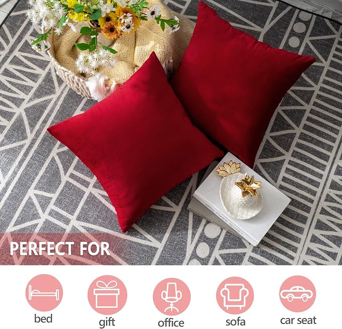 Stellhome New Year/Christmas Decorations Velvet Throw Pillow Covers Square Soft Cushion Covers for Bed Couch Sofa Bench, 18 x 18 inch (45 x 45 cm), Red, Pack of 2