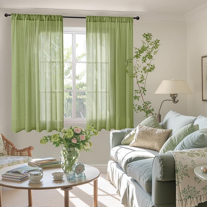 BGment Green Linen Curtains 45 Inch Length - 2 Panels Set Sheer Drapes Rod Pocket for Living Room Bedroom Lightweight, 2 Panels Set, 42 X 45 Inch