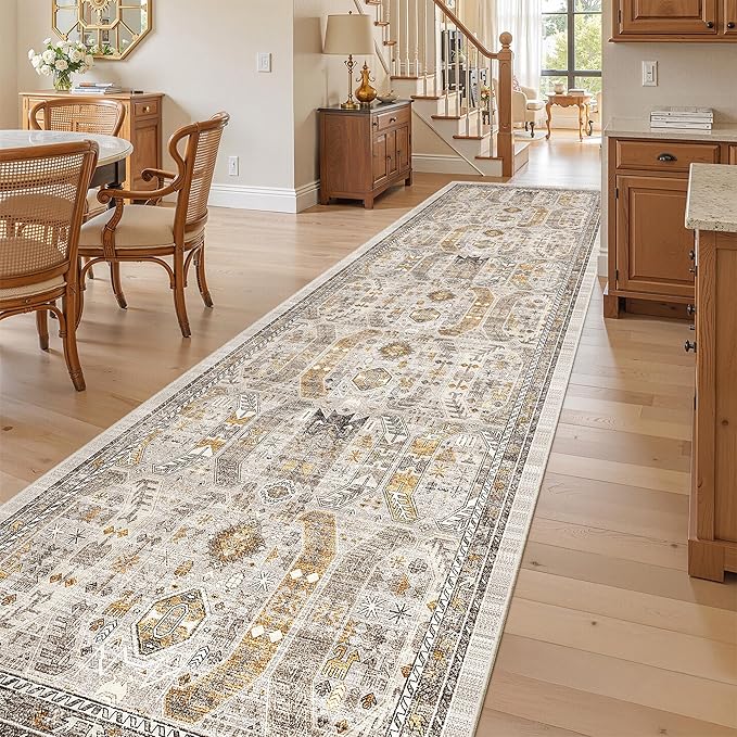 Madane Hallway Runner Rug 3x10 Washable Kitchen Runners 10ft, Brown/Gold | Vintage Non-Slip Entryway Area Rugs Indoor, Low-Pile Farmhouse Wide Floor Carpet for Bathroom Living Room Bedroom