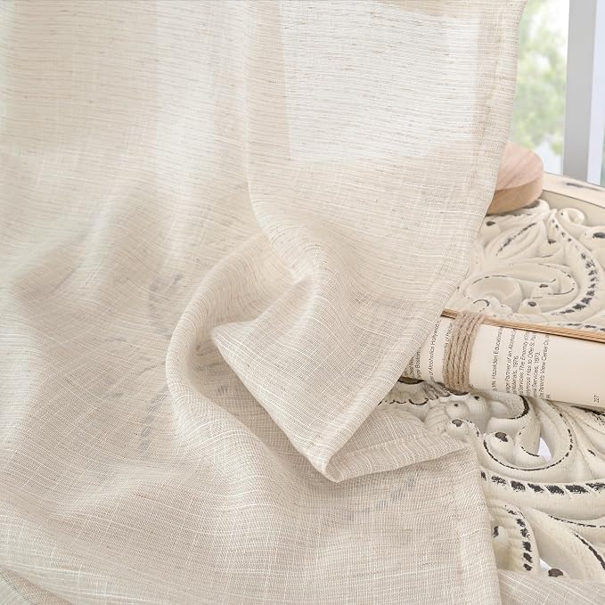 BGment Oatmeal Linen Semi Sheer Curtains 63 Inch Length for Living Room - Rod Pocket Light Filtering Drapes Lightweight Camel Window Treatments for Bedroom Farmhouse, 2 Panels Set, 52 X 63 Inch