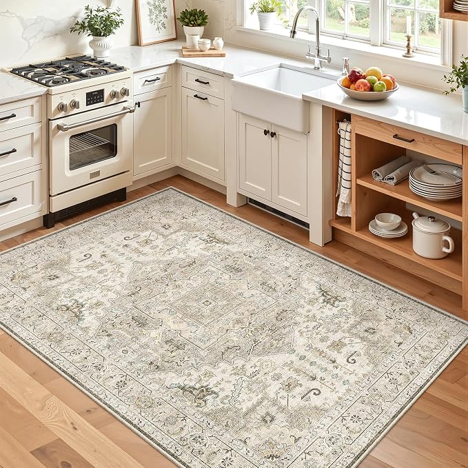 Madane Area Rug 4x6 Washable Rugs Vintage for Living Room, Ivory/Brown | Ultra-Thin Stain Resistant Vintage Large 4'X6' Carpet, Low-Pile Floor Mat For Bedroom Dining Room Office Home Decor