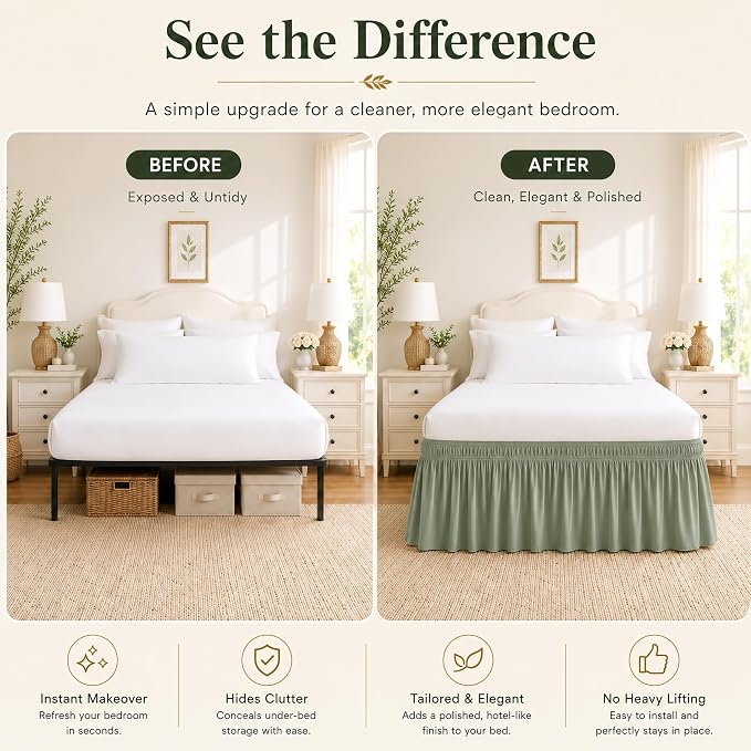 Sage Green Bed Skirt King Size 15" Drop, Elastic Wrap Around Bedskirt | Solid Ruffled, Easy to Use, No Mattress Lifting, Wrinkle & Fade Resistant, with Adhesive Strips, Machine Wash/Dry/Iron
