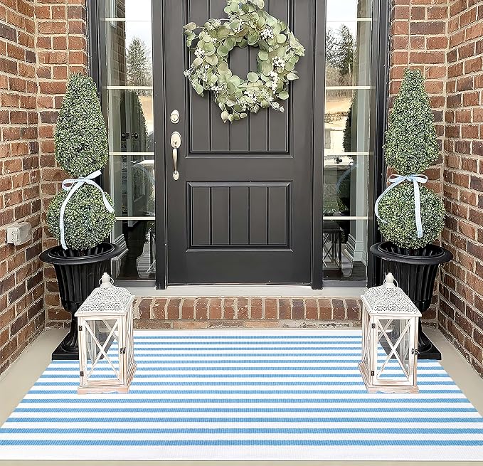 BUAGETUP Outdoor Rug 3'x 5',Light Blue Striped Area Rug Hand-Woven Cotton Washable Rug Indoor/Outdoor Area Rug Floor Mat for Farmhouse Living Room Bedroom
