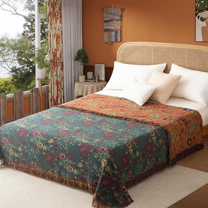 Phuryllic Boho Throw Blanket Twin Size, Soft Cozy Cotton Muslin Quilt Blanket for Bed Decor, Floral Patterned Couch Sofa Chair Cover, Vintage Farmhouse Cottage Tapestry Woven Blanket, Green&Orange
