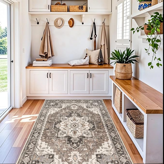Washable 4x8 Hallway Runner Rug: Low Pile Soft Kitchen Rugs Wide Vintage Stain Resistant Carpet with Non-Slip Rubber Backing Thin Indoor Entryway Floor Decor Mat for Living Room Bedroom (Beige,4x8)