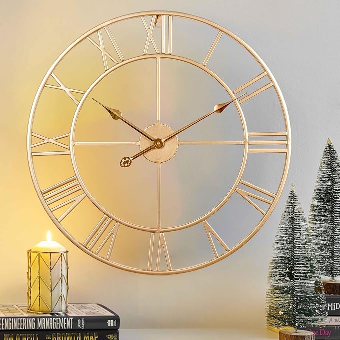 CLXEAST Silent 24 Inch Wall Clock for Living Room Decor,Gold Roman Numeral | Non Ticking,Thicker Champagne Gold Metal Wall Clock for Dinning Room,Entryway,Home Office & Fireplace Decor