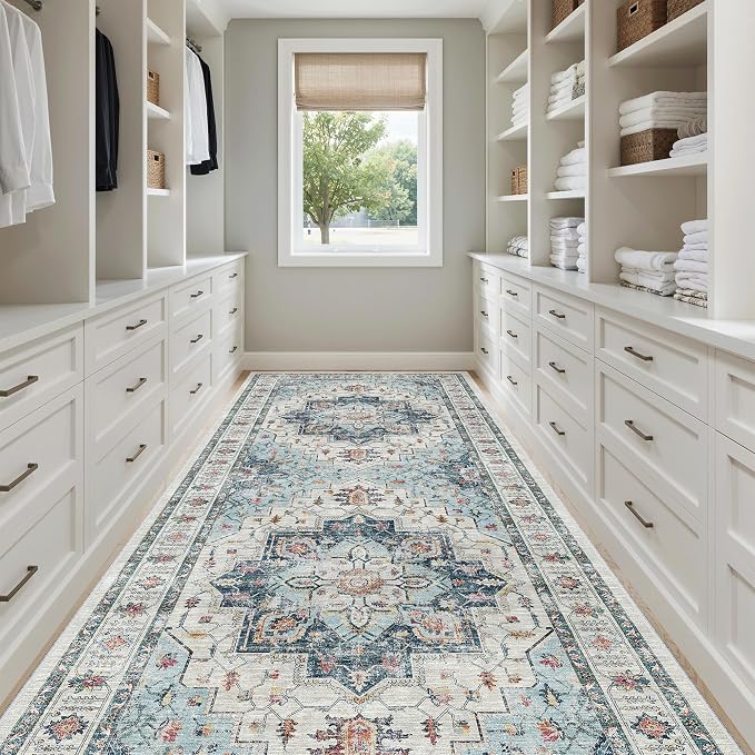 Madane 4x10 Wide Hallway Runner Rug Washable for Living Room, Blue | Soft Stain Resistant Ktichen Runners 10ft, Vintage Non Slip Low Pile Area Rugs, Thin Floor Carpet for Bathroom Dining Bedroom