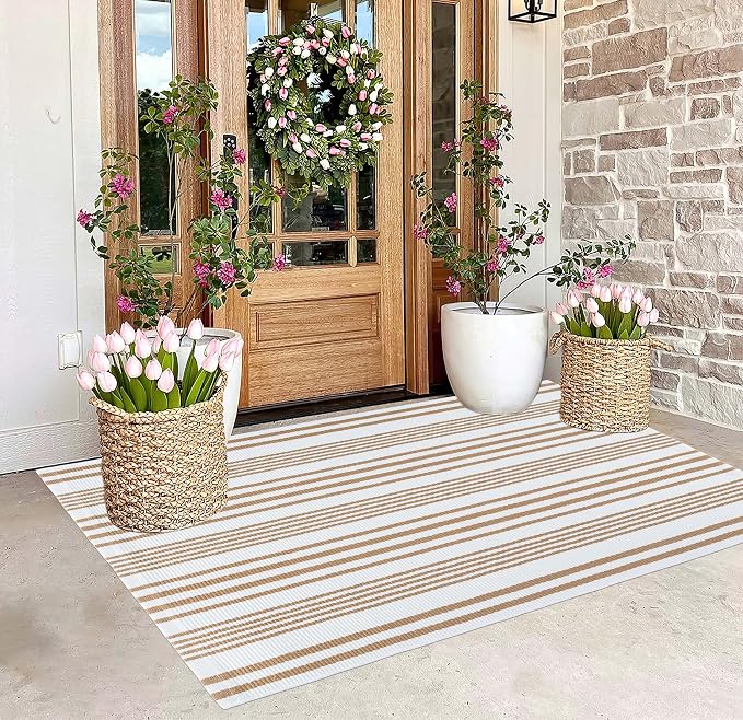 BUAGETUP Khaki and White Outdoor Rug 3'x 5' Hand-Woven Cotton Washable Rug Striped Front Porch Rug Indoor/Outdoor Area Rug Floor Mat for Farmhouse/Layered Door Mats/Living Room