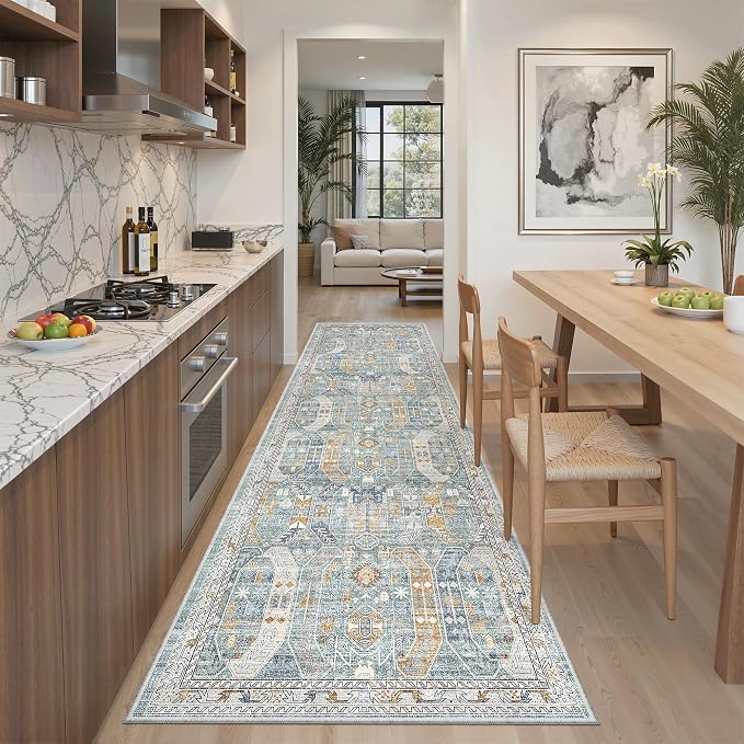 Madane Kitchen Runner 2'6''x8' Soft Rug Runners for Hallways, Blue/Gold | Vintage Machine Washable Rugs 2.5x8 Ft, Non-Slip Low Pile Stain-Resistant 8ft Floor Carpet for Laundry Room Corridor