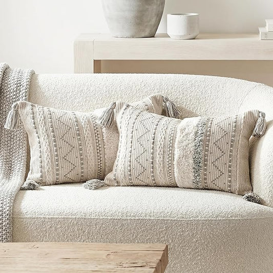 BlissBlush Decorative Lumbar Throw Pillow Covers 12x20 Combo Set of 2 Gray Rectangular Boho Accent Pillowcase Neutral Grey Farmhouse Cushion for Couch Sofa Bedroom Living Home Décor Cover ONLY
