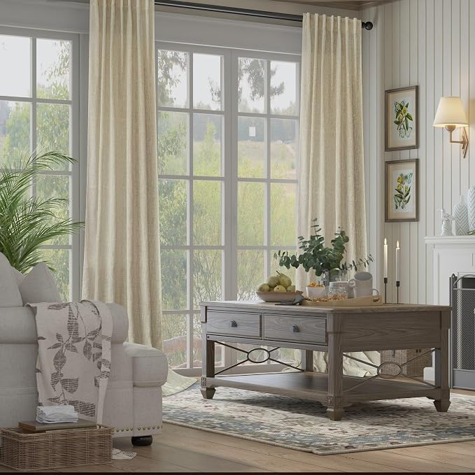 Pitalk Back Tab Linen Curtains 108 Inches Long for Living Room 2 Panels Set Greyish Beige Flax Linen Pleated Drapes Rod Pocket Farmhouse Ceiling Floor 108 Inch Window Curtains Bedroom Burlywood Birch