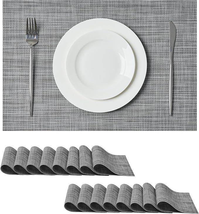 Leetaltree Grey Placemats, Heat Resistant Non-Slip Place mats for Dining Table, Washable Durable PVC Vinyl Woven Table Mats (Set of 16)