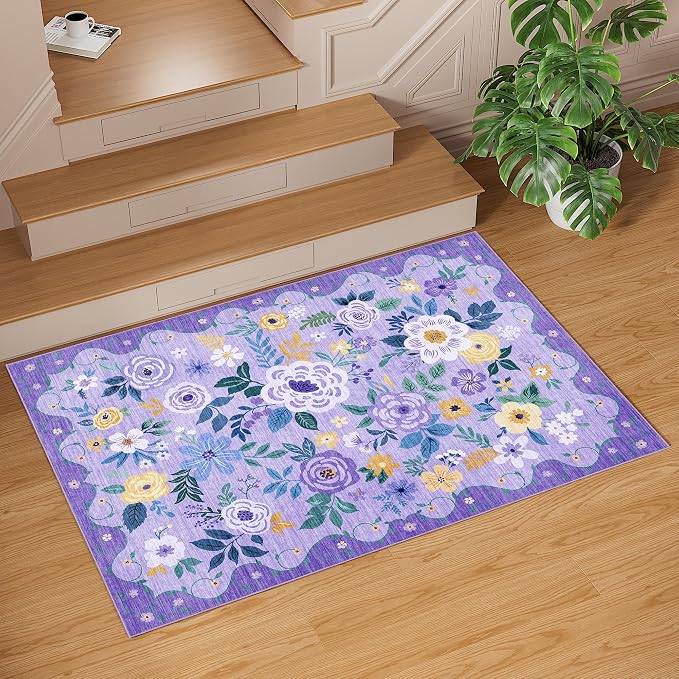 DUKINO 3x5 Area Rug, Floral Washable Rug for Bedroom Non Slip, Purple | Soft, Stain Resistant Low Pile Indoor Rug for Entryway, Bedroom, Bathroom, Living Room, Pet Friendly, Home Decor, Lightweight