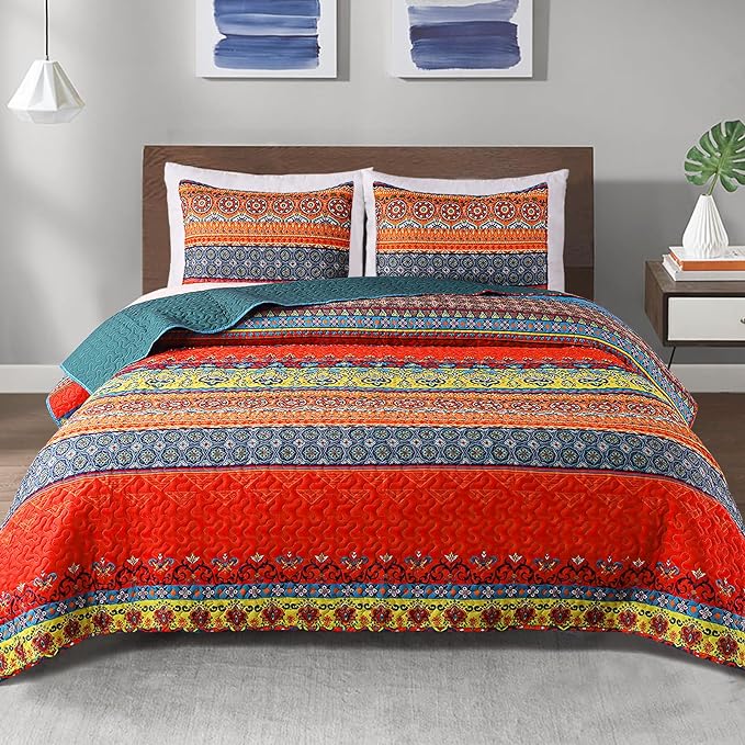 Exclusivo Mezcla Reversible Boho Quilts Queen Size Blue | Lightweight Soft Bedspreads, All Season Bohemian Coverlet Bedding Set, Printed Floral Pattern, 1 Quilt and 2 Pillow Shams