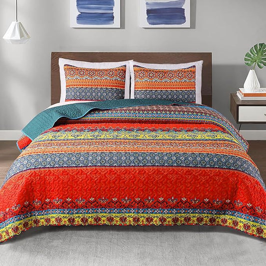 Exclusivo Mezcla Reversible Boho Quilts Queen Size Blue | Lightweight Soft Bedspreads, All Season Bohemian Coverlet Bedding Set, Printed Floral Pattern, 1 Quilt and 2 Pillow Shams