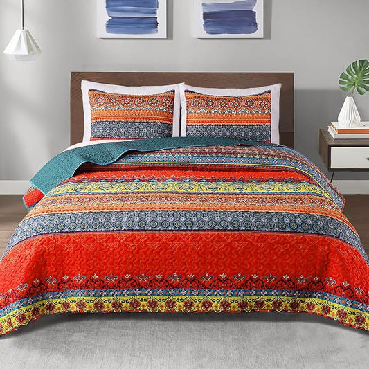 Exclusivo Mezcla Reversible Boho Quilt King Size Blue | Lightweight Soft Bedspreads, All Season Bohemian Coverlet Bedding Set, Printed Floral Pattern, 1 Quilt and 2 Pillow Shams