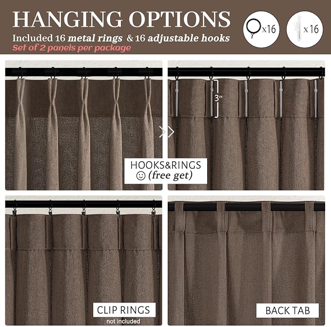 Linen Pleated Dark Brown Curtains 96 Inches Long for Sliding Glass Doors, Memory Trained Semi Sheer Drapes Light Filtering Non See Through Rustic Windows Curtain 2 Panels Set 8FT Length with Back Tab