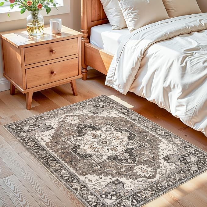 RUUGME Washable 3x4 Entryway Rug - Vintage Low Pile Area Rugs Non-Slip Stain Resistant Carpet for Entrance Kitchen Hallway Soft Thin Indoor Floor Decor Mat for Bedroom Front Door Bathroom(Beige,3x4)