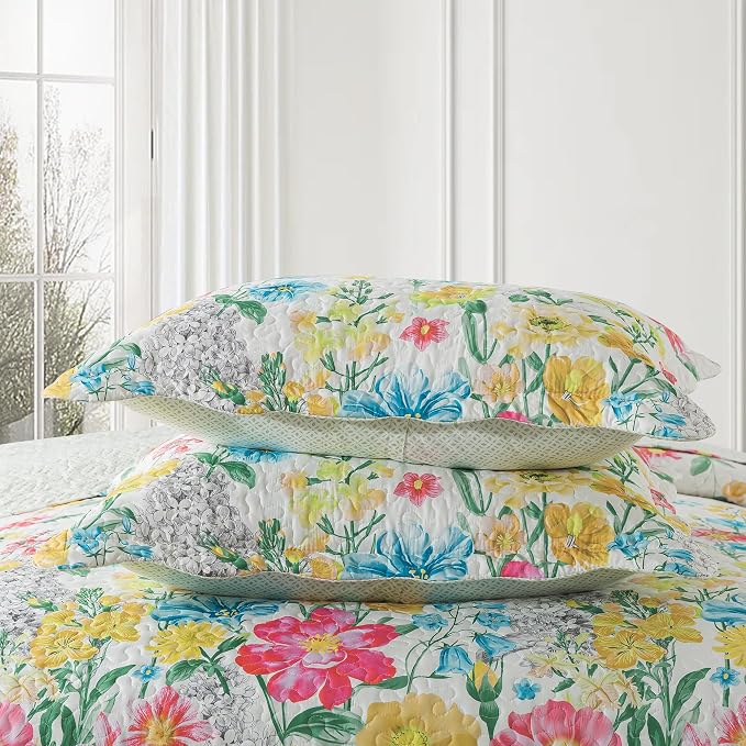 NEWLAKE Quilt Bedspread Sets- Dreamy Flowers Reversible Coverlet Set,King Size
