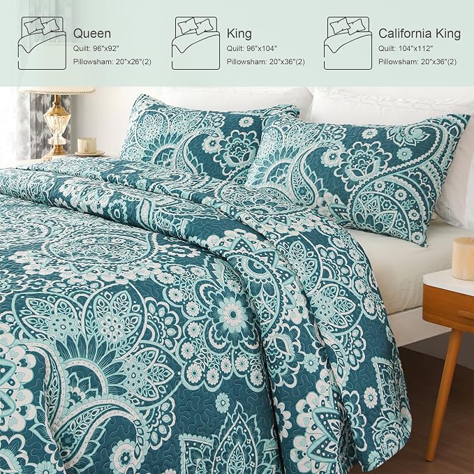Whale Flotilla Patchwork Quilt King Size, Extra Soft Boho Paisley Bedspread | Reversible Lightweight King Quilt Bedding Set for Bed, Turquoise Printed Coverlets with 2 Pillow Shams for All Seasons