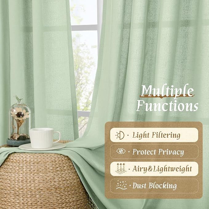 Light Filtering Linen Curtains 84 Inch for Living Room 2 Panels | Semi Sheer, Neutral, Privacy Protected, Boho Drapes for Farmhouse, Sliding Glass Door, Rod Pocket, 52 x 84 Inch, Light Green