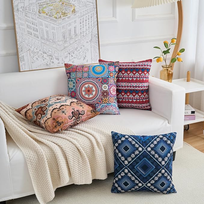Couch Bohemian Patterned Throw Pillow Covers 18X18 Inch Set of 4 Square Farmhouse Decorative Cushion Covers Boho Vintage Pillow Cases for Sofa Living Room Bedroom Outdoor Patio Porch