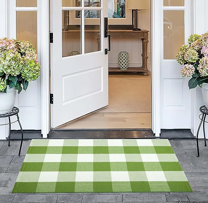 Layered Doormat 24''x35'' Green and White Buffalo Plaid Porch Mat Cotton Woven Washable Carpet for Layered Doormat Hello/Welcome Door Mat,Kitchen,Farmhouse,Entryway