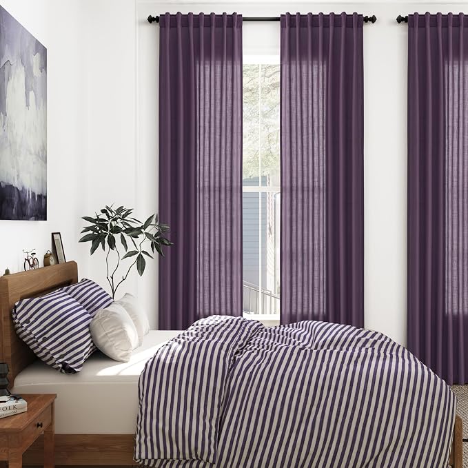 Plum Linen Curtains 96 Inches Long 2 Panels Set for Living Room Rod Pocket Back Tab Semi Sheer Light Filtering Protect Privacy Plum Curtain for Bedroom Floor Length 52x96