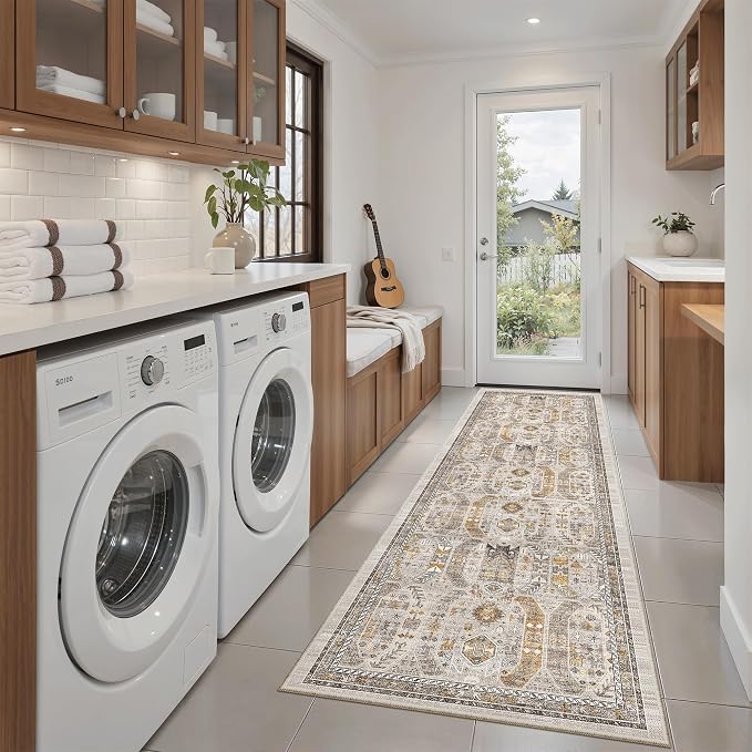 Madane Hallway Runner Rug 2x5 Washable Entry Rugs Non-Slip, Brown/Gold | Vintage Printed Low-Pile Kitchen Runners, Soft Low-Pile Stain-Resistant Throw Carpet for Bedroom Entrance Laundry Room 2'x5'