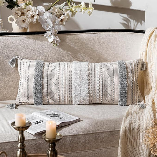 BlissBlush 14x36 Lumbar Pillow Cover for Bed, Rectangular Long Decorative Throw Pillowcase, Boho Accent Cushion with Gray Tufted Pattern and Tassels, Cream Neutral (Cover Only)