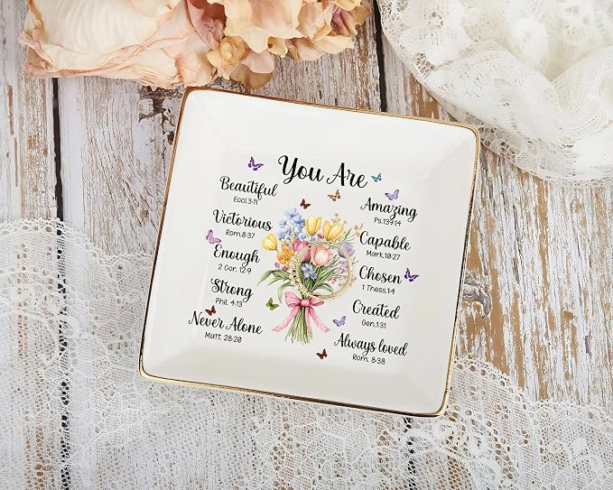 Christian Bible Verse Jewelry Dish, 4" Ceramic Jewelry Tray, Christian GiftS for Women, Birthday, Catholic Gifts for Mom/Grandma, Confirmation Gifts for Daughter