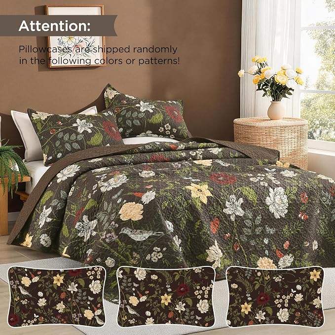 Litanika Floral Dark Brown Quilt Queen - 3Pcs Botanical Birds Bedding Set | Bedspread Summer Lightweight Soft Coverlet with Red Flower for All Seasons (96"x90")