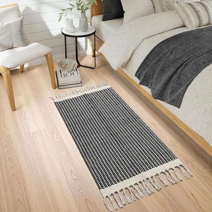 Lahome Boho Bathroom Runner Rug, 2x4.3 Washable Rugs for Kitchen Entryway | Woven Cotton Throw Door Mat with Tassels, Farmhouse Black Non Shedding Lightweight Low Pile Carpet for Entryway Bedroom