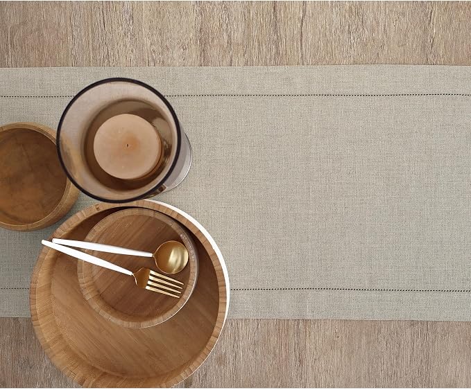 Solino Home 100% Pure Linen Table Runner Natural Hemstitch, 14 x 156 in | Classic Hemstitch, brings a tailored look to family meals and hosting, hemstitched border, soft, fine, OEKO-TEX Certified