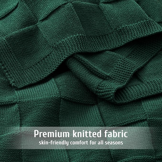 Whale Flotilla Checkered Knit Throw Blanket for Couch, Dark Green | Soft Decorative Knitted Blankets for Couch Sofa Bed, Lightweight Cozy Throws for Spring Summer, 50x60 Inch