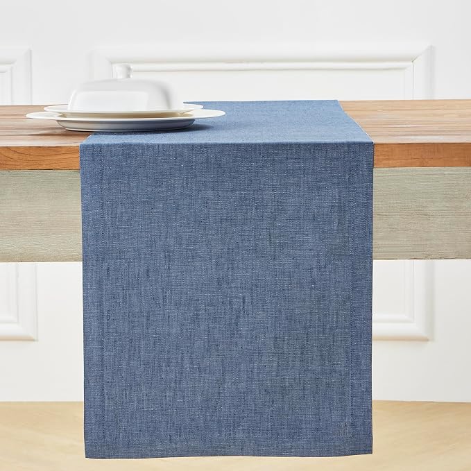 Solino Home 100% Pure Linen Table Runner Blue Denim, Athena 14 x 120 in | a graceful centrepiece for dining and gatherings, European flax fibres, gift ready packaging, Blue Denim, OEKO-TEX Certified