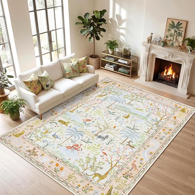 Washable Area Rug 5x7 Blush Animal Print Rugs for Nursery Non Slip Stain Resistant Forest Fairy Tale Throw Carpet Low Pile Whimsical Safari Area Rugs for Entryway Girls Bedroom Dining Room, PeachBlush
