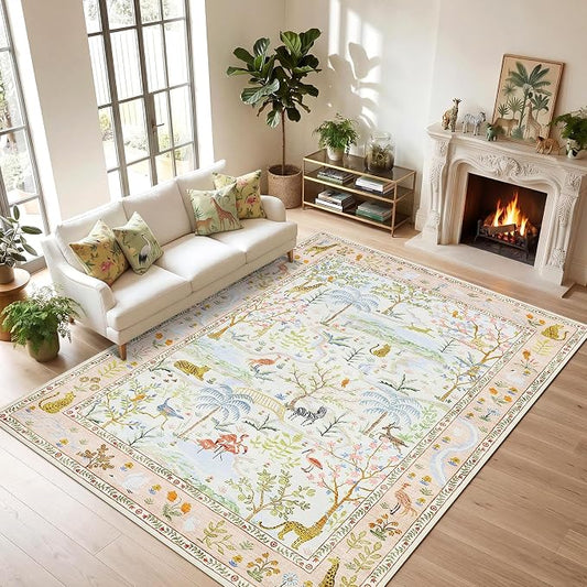 8x10 Washable Rug for Living Room Blush Animal Print Large Bedroom Rugs Non Slip Forest Nursery Girls Room Throw Carpet Stain Resistant Whimsical Safari Area Rugs for Home Office, Peach Blush