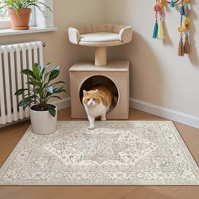 Madane Washable Area Rug 2x3 Small Entryway Rugs Non-Slip, Beige/Brown | Vintage Stain-Resistant Door Mat Indoor Entrance, Low Pile Floor Carpet for Inside Front Bedroom Kitchen Entry Laundry, Stair