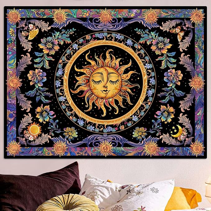 Accnicc Sun and Moon Tapestry Psychedelic Floral Plant Tapestries for Bedroom Aesthetic Hippie Boho Flower Tapestry Wall Hanging for Dorm Living Room (48'' × 36'')