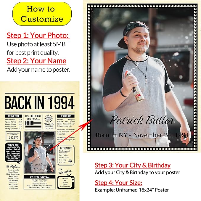 Personalized 31 year old birthday gifts - Back in 1994 Poster - Centerpiece Table Decorations 31st Birthday Party - Custom Born in 1994 Newspaper Vintage Poster for Him, Her