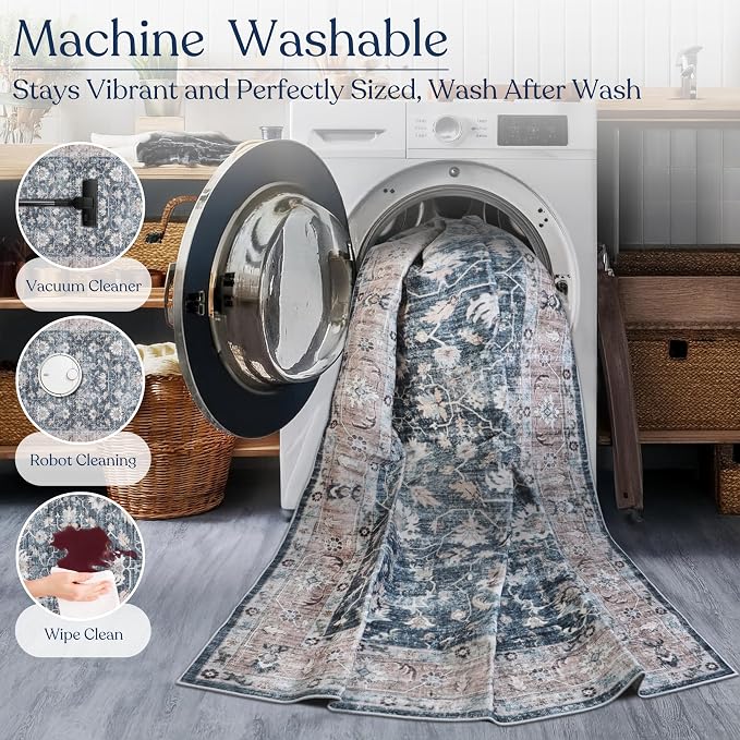 Machine Washable Area Rug, Soft & Durable, Non-Slip, Stain Resistant Rug for Bedroom, Living & Dining Room, High Traffic Areas (Indigo Bloom, 9' X 12')